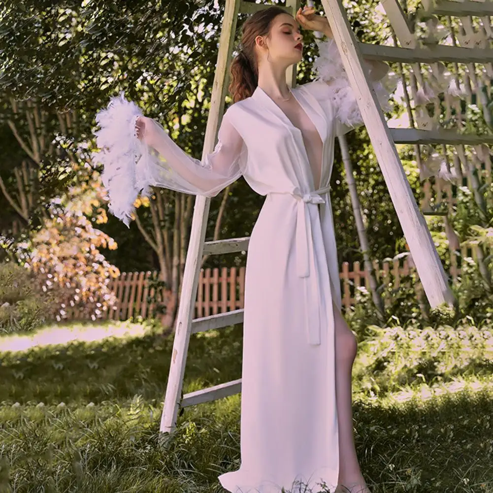 

Long Bride Robe Wedding Pijama White Bathrobe Female Sexy Sleepwear Women Mesh And Feather Cuffs Homewear Embroidery Lace