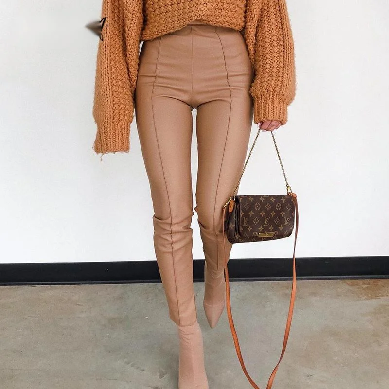 

FSDA 2021 Fashion PU Leather Pants Khaki Women Casual Zip Up Pencil Trouser Sexy Autumn Winter Ladies High Waist Pant Design
