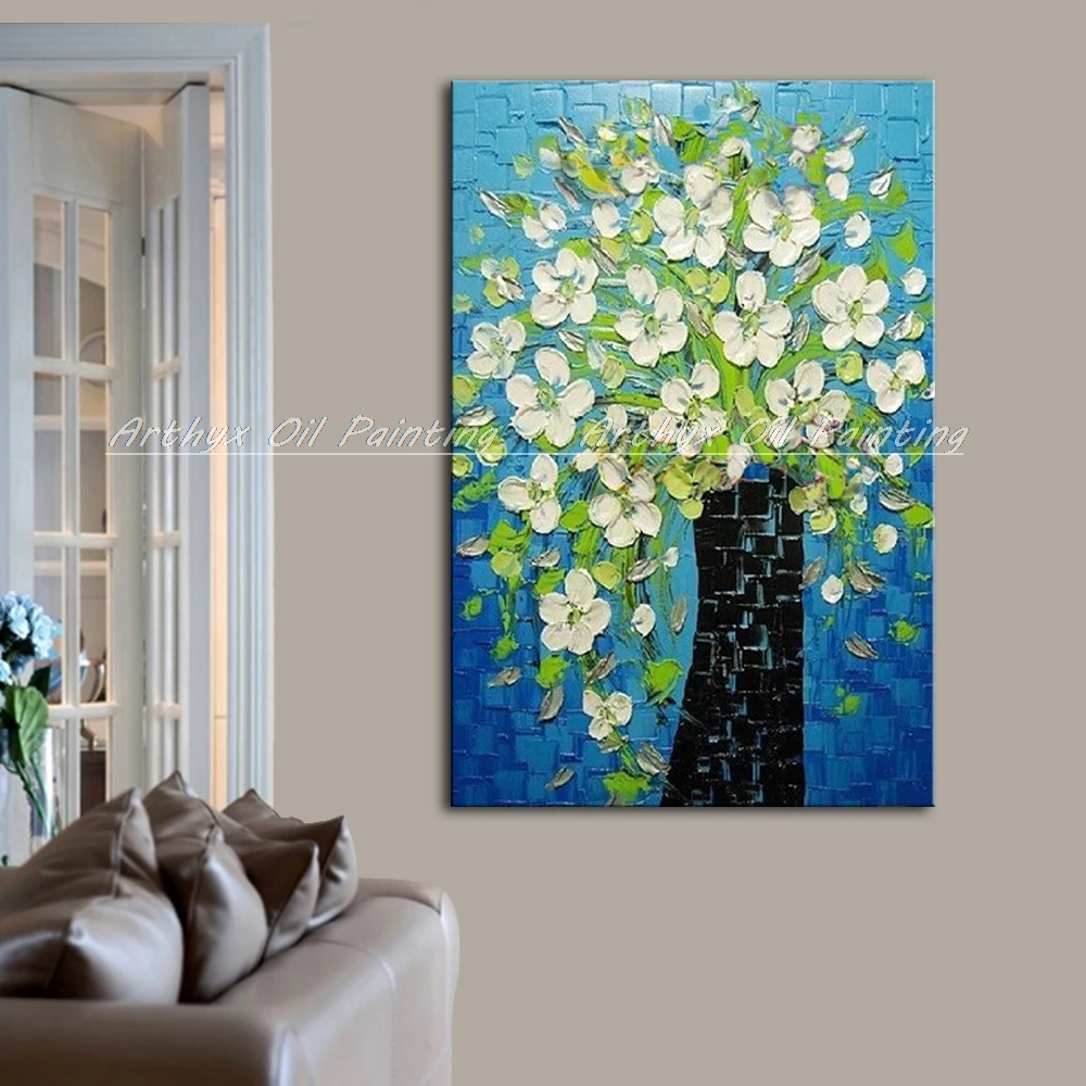 Arthyx Handpainted Palette Knife White Orchid Flower Oil Painting On Canvas Modern Abstract Wall Art Picture For Room Home Decor | Дом и сад