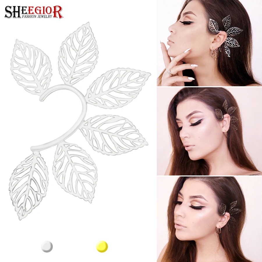 

Hyperbole Ear clip without ear hole Earrings for Women Accessories Fashion 1pcs Golden Silver color Hollow Leaf Ear-hook Earring