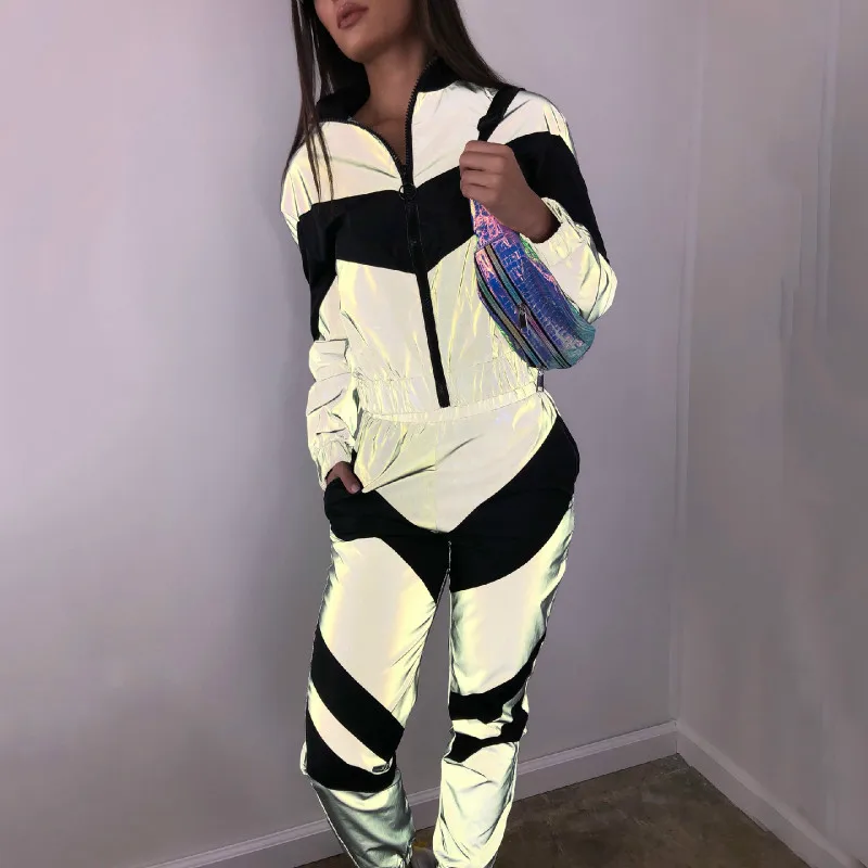 

Reflective Two Piece Set Fashion Sports Sweatsuit Women Spring Autumn New Splice Casual Suit Long Sleeve Sweat Suits For Women