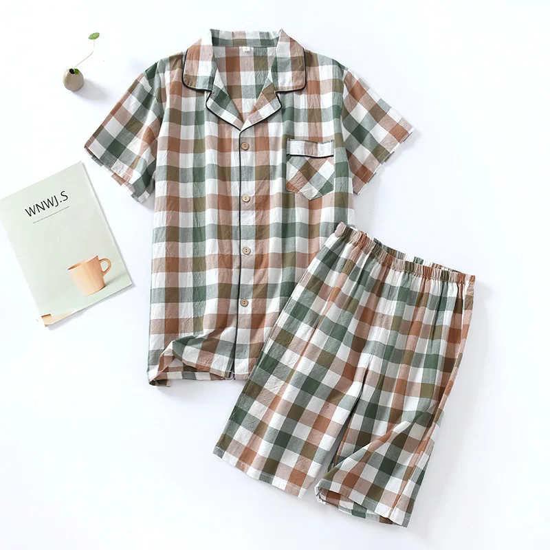 

Couple Cotton Pajamas Set Summer Short Sleeve Plaid 2pcs Shirt&shorts Men Loose Casual Loungewear Elastic Waist Home Clothes