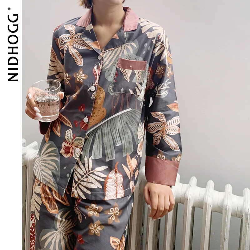 С классическим принтом пижамы для женщин с длинными рукавами из чистого хлопка