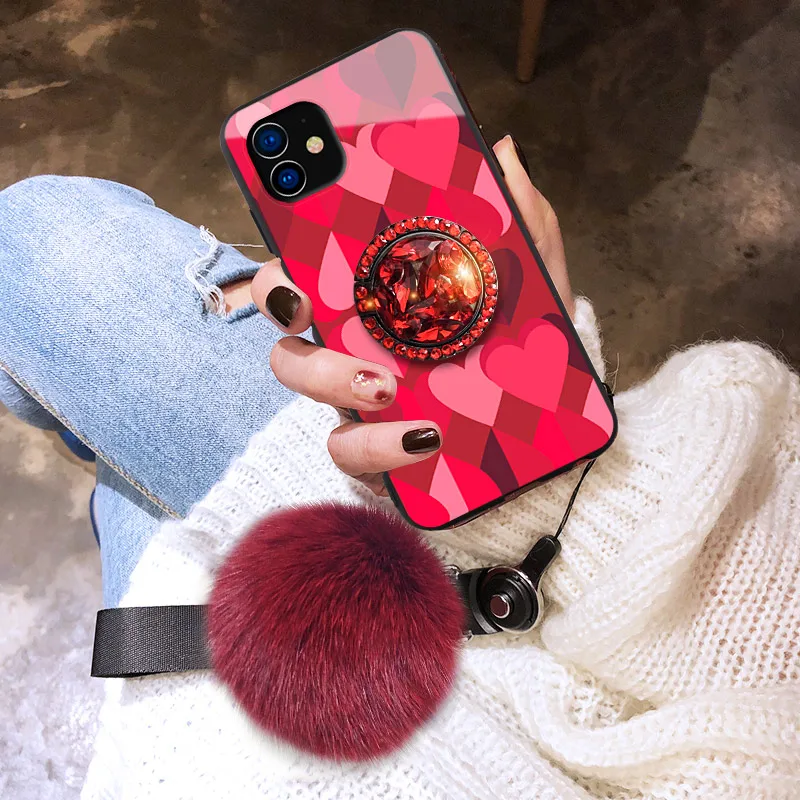 Чехол для iPhone 11 Pro Max X XR XS 5 5S SE 6 6S 7 8 Plus закаленное стекло натуральный шарик из меха
