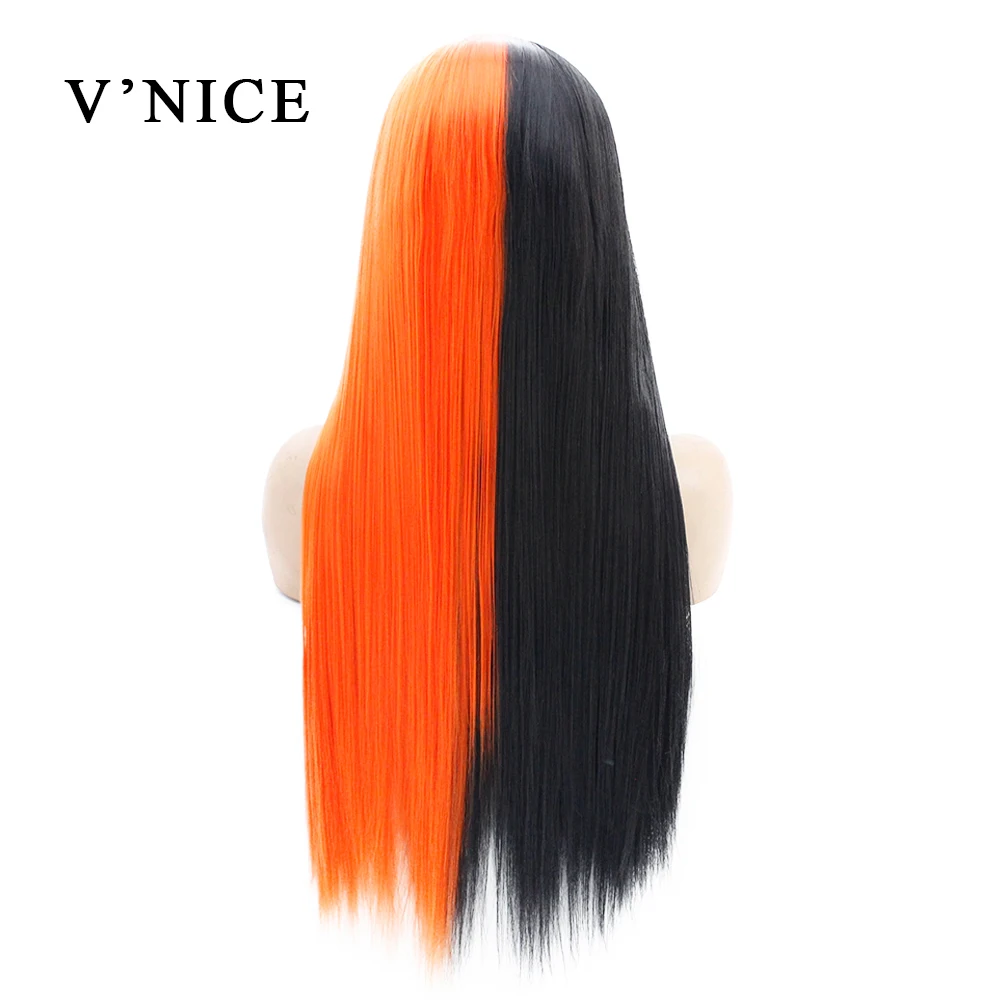 Black Orange V'NICE половина черный половина белый цвет ручной завязанный кружевной передний прямой парик высокая температура Синтетический кружевной передний парик для женщин Косплей - Цвет: Black Orange