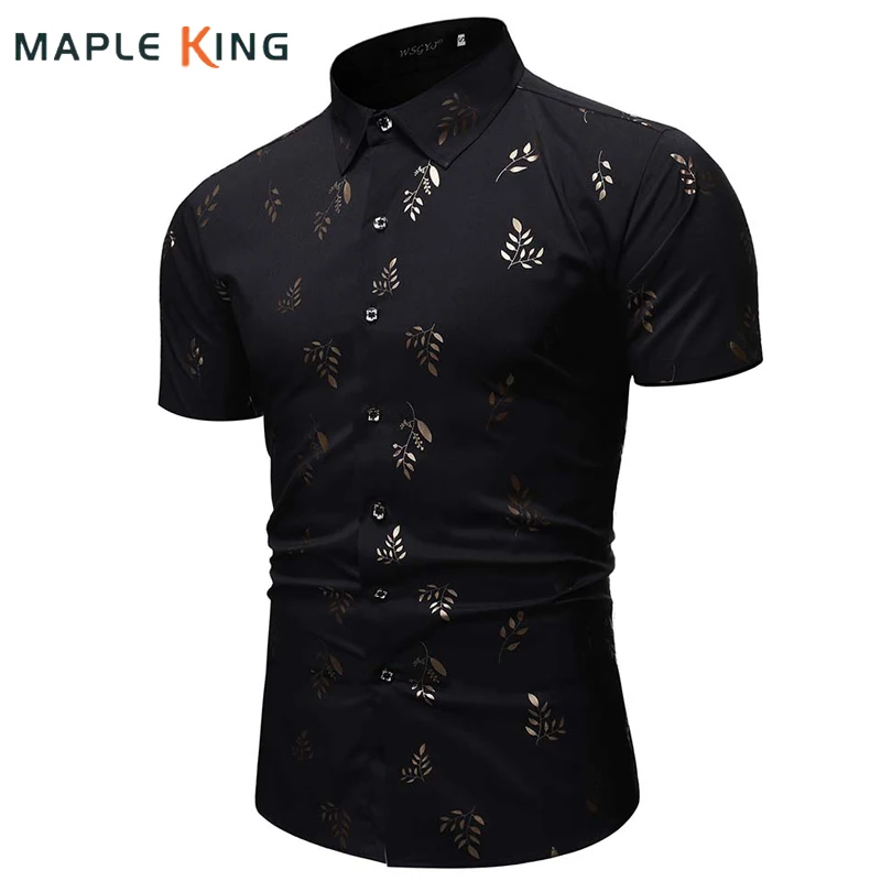 

Classic Floral Bronzing Shirts Men Single-Breasted Male Printed Shirt Streetwear Turn-down Collar Hawaiian Camisas Masculinas