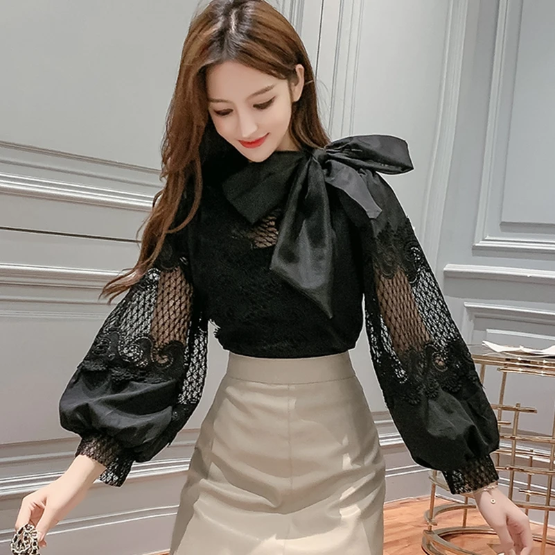 

Sexy Women Crochet Hollow out See-Through Long Puff Sleeve Tops Shirt Bow Neck Loose Casual Lace patchwork Blouse Top