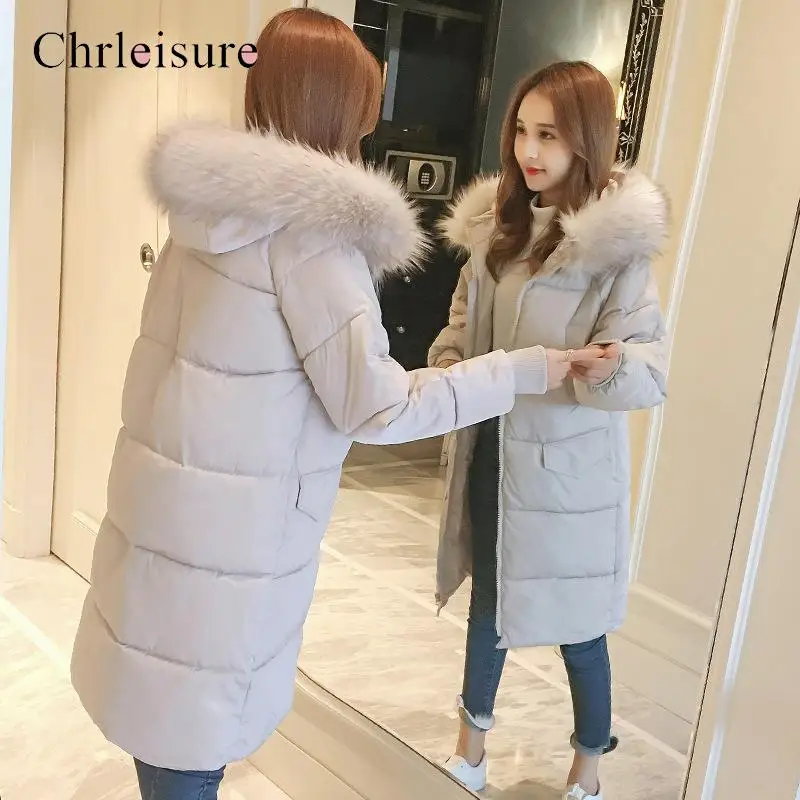 CHRLEISURE женское хлопковое пальто большой меховой воротник Длинные Колени хлеб