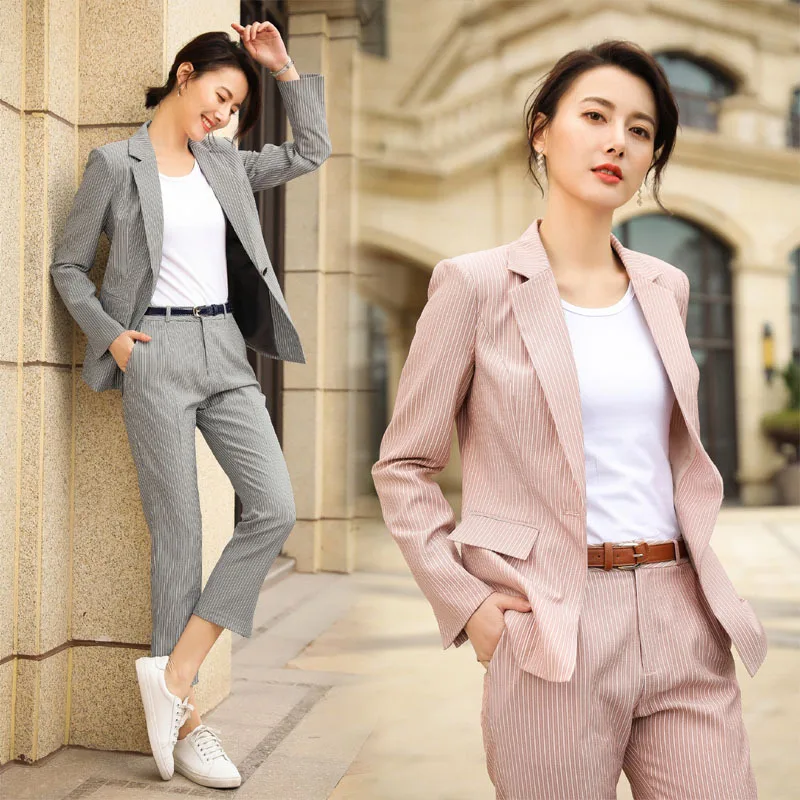 

Two Piece Set Top and Pants Professional Striped Women's Suit Nine-cent Trousers Suit Casual Woman's Two-piece