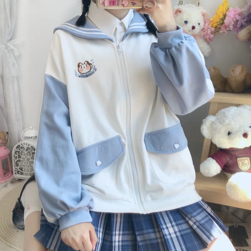 

Autumn Winter Japanese Girl Coat Navy collar Long Sleeve Color Match Kawaii Bunny Embroidery Jacket Women Loose Sweet Overcoat