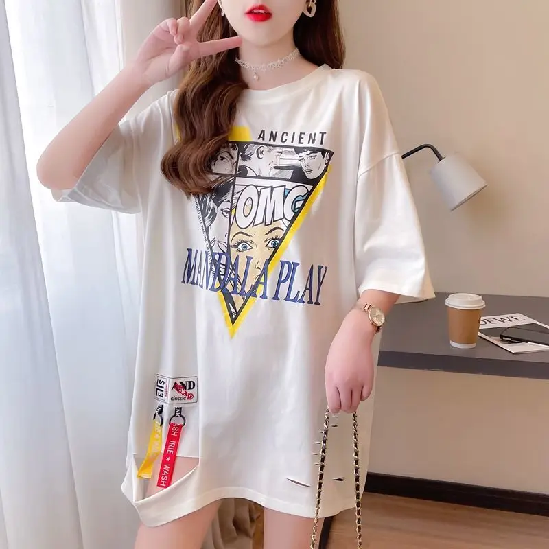 

Cotton large size long short sleeve T-shirt women's summer 2021 new Korean style fashionable hole jacket