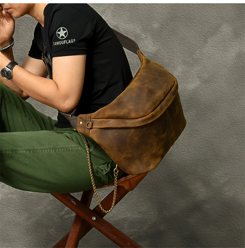 Natural crazy horse cowhide large capacity men's chest bag retro simple high-quality genuine leather sports large diagonal bag