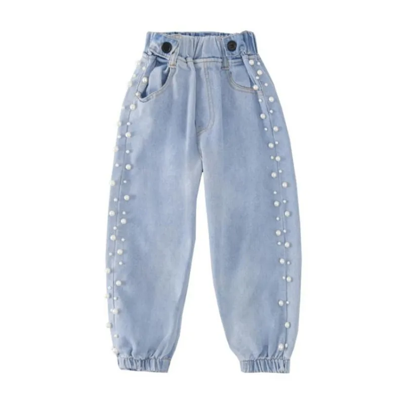 Denim Blue DFXD/джинсы для девочек-подростков г. Корейские модные длинные джинсовые синие брюки с бусинами по бокам детские джинсы для девочек от 3 до 12 лет - Цвет: Denim Blue
