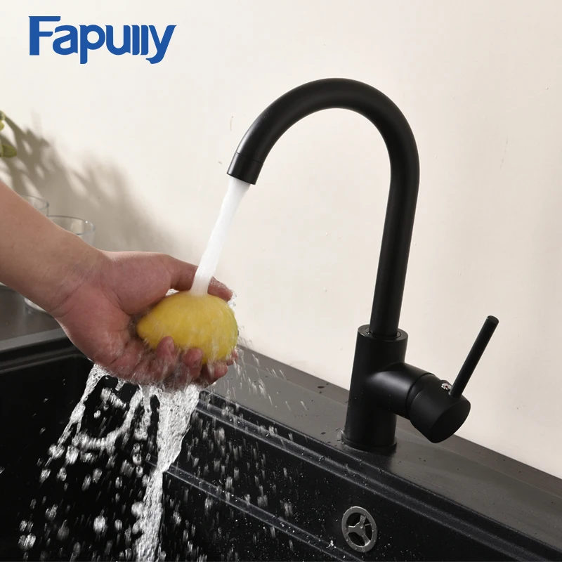 

Fapully Black Polished 100% Brass Kitchen Faucet 360 Swivel Rotation Single Handle Hot and Cold Kitchen Sink Faucets Mixer Tap