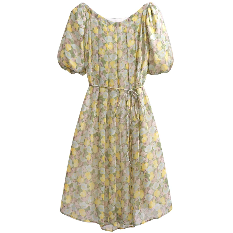 

New Hit 2021 Summer Chiffon Prairie Chic Dress For Women Short Sleeves Floral Printed Loose Waist Lace Up Female Dresses