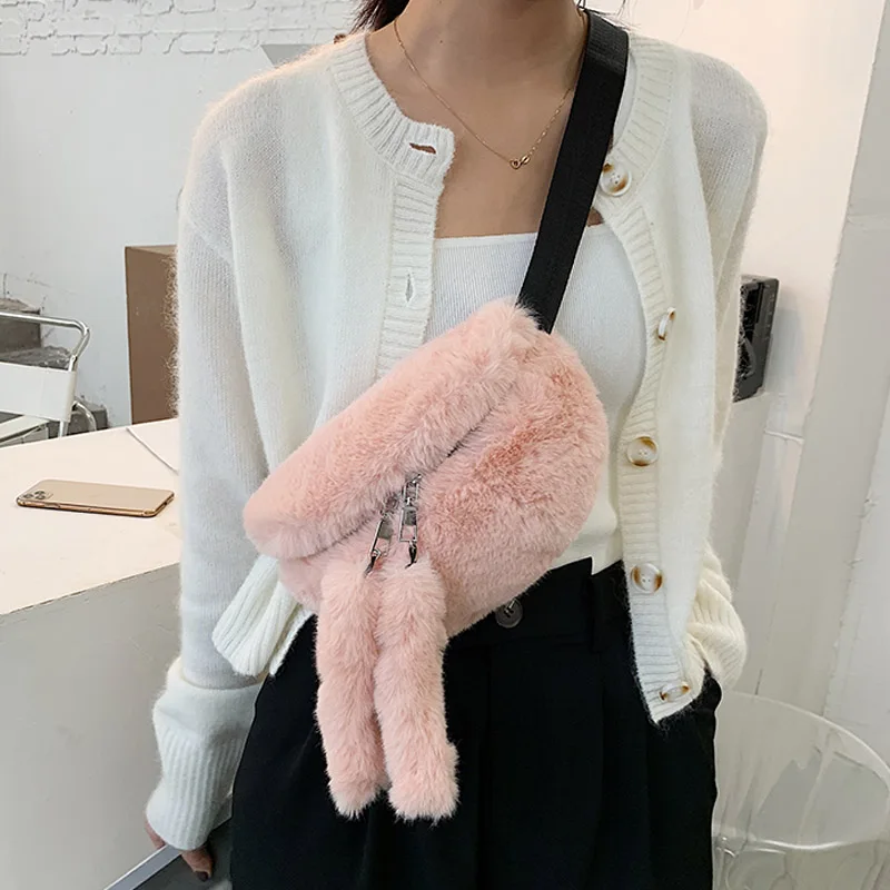 

Уличная трендовая поясная сумка для женщин, зимняя бархатная нагрудная Сумочка, модная однотонная сумка на плечо, забавная женская спортив...