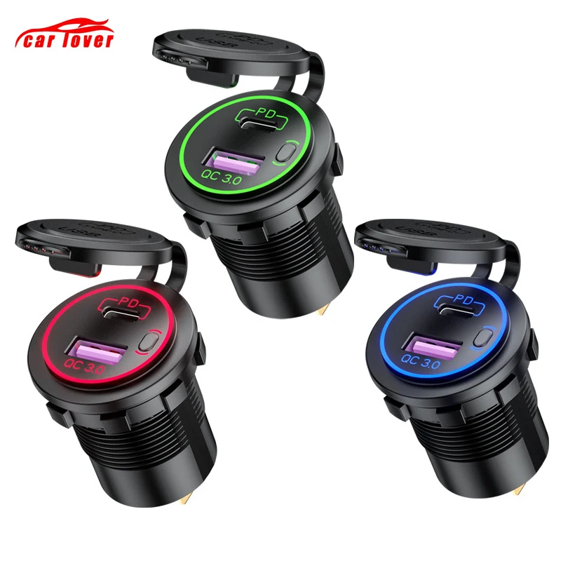 

12V-24V PD QC 3.0 Quick USB Charger Type C Car Charger Socket Waterproof with Switch for Car Motorcycle Boat RV
