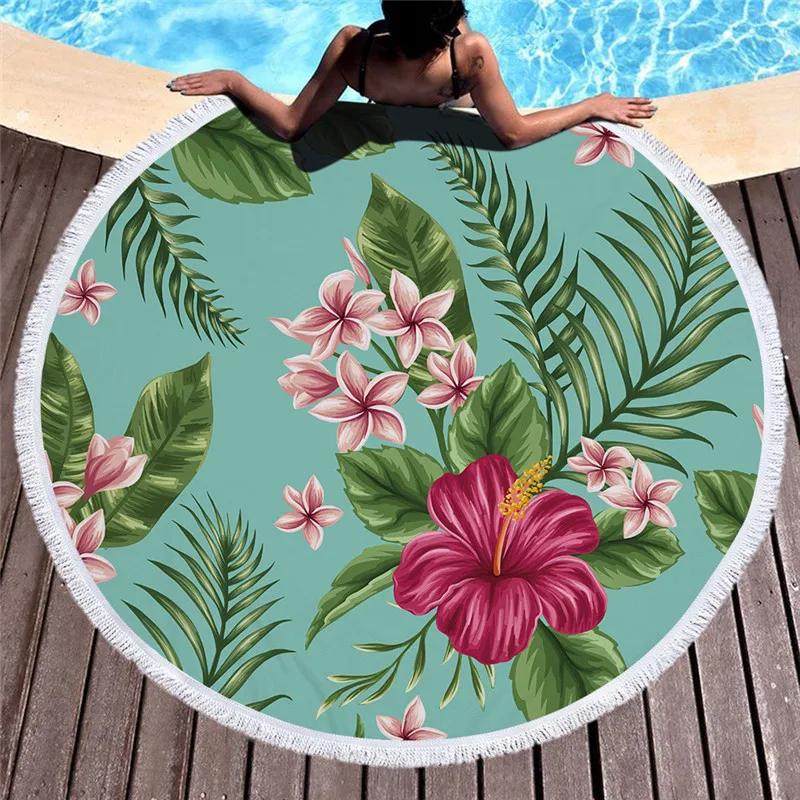 Круглое Большое пляжное полотенце из микрофибры с принтом цветов птиц и листьев