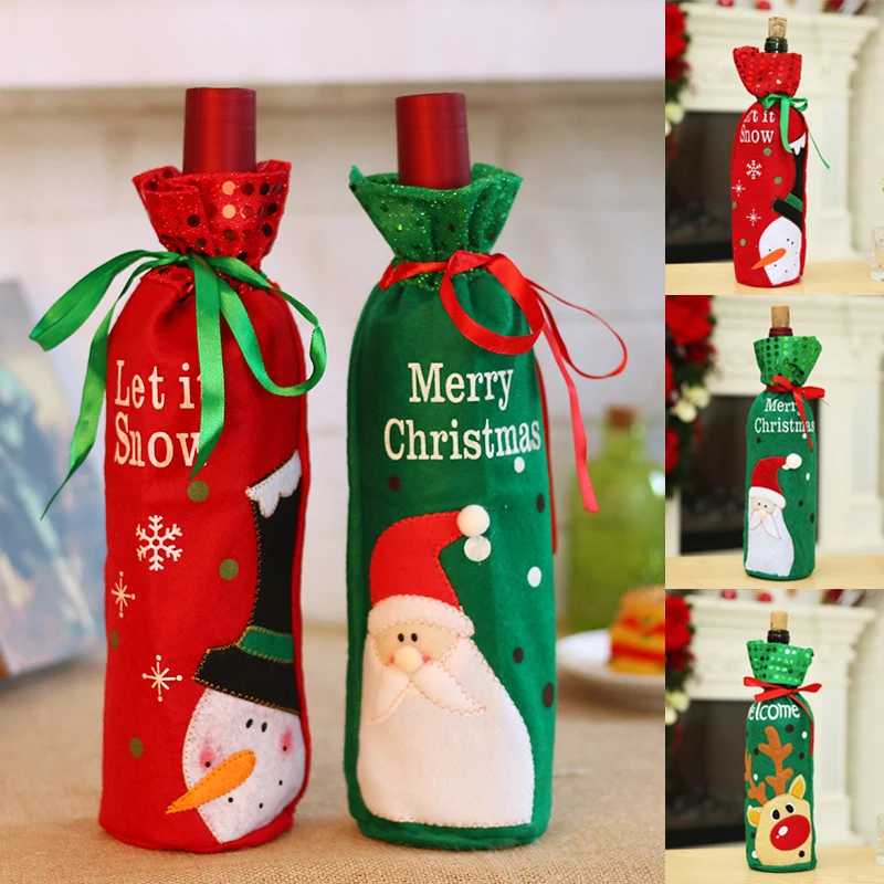

Cartoon Printed Christmas Decoration Wine Bottle Set Santa Snowman Elk Printed Wine Champagne Set Holiday Decorations