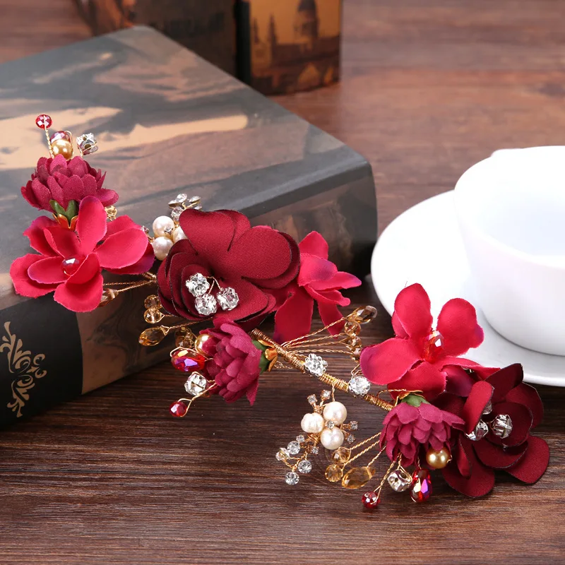 Red flowers wedding toast clothing accessories hair accessories hair accessories wholesale costume bride handmade headdress brid