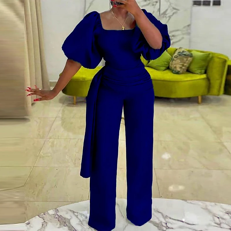 

Elegant Solid Color Lantern Sleeve Office Lady Jumpsuits Chic Evening Party Club One Piece Romper Ovearlls