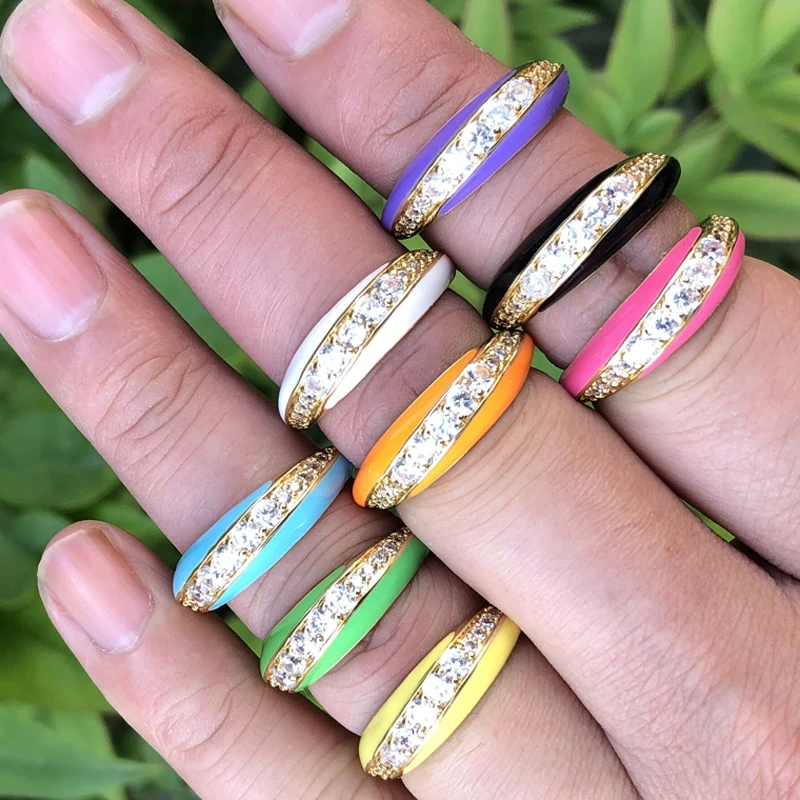 

2021 New Fashion Colorful Enamel Open Band Rings For Women Girl Cubic Zircon Neon CZ Stack Stacking Finger Ring Gift