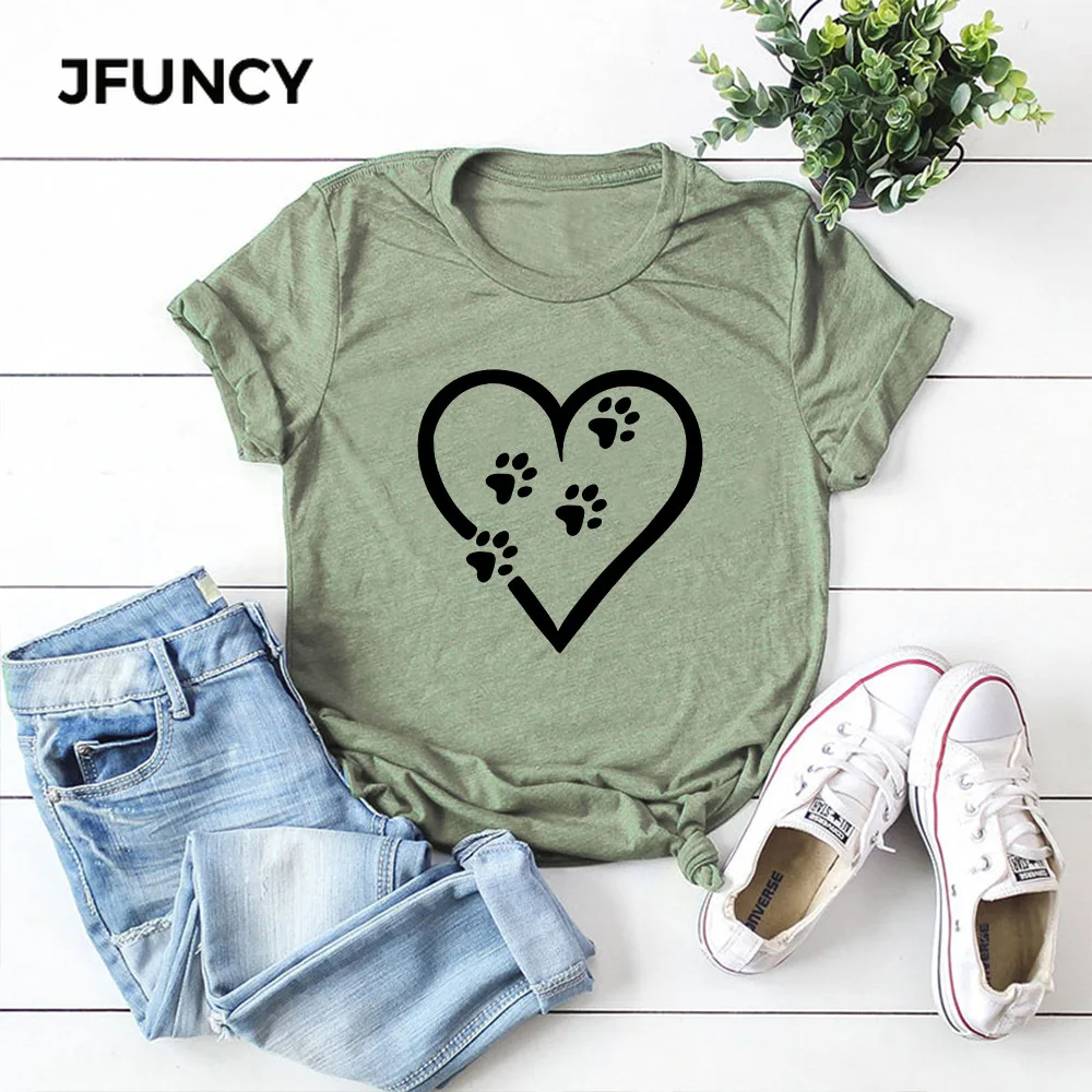 JFUNCY  Heart Funny Dog Paw Print Summer T-shirt Women Cotton Tshirt Short Sleeve Tees Tops Woman T Shirt Female Shirts
