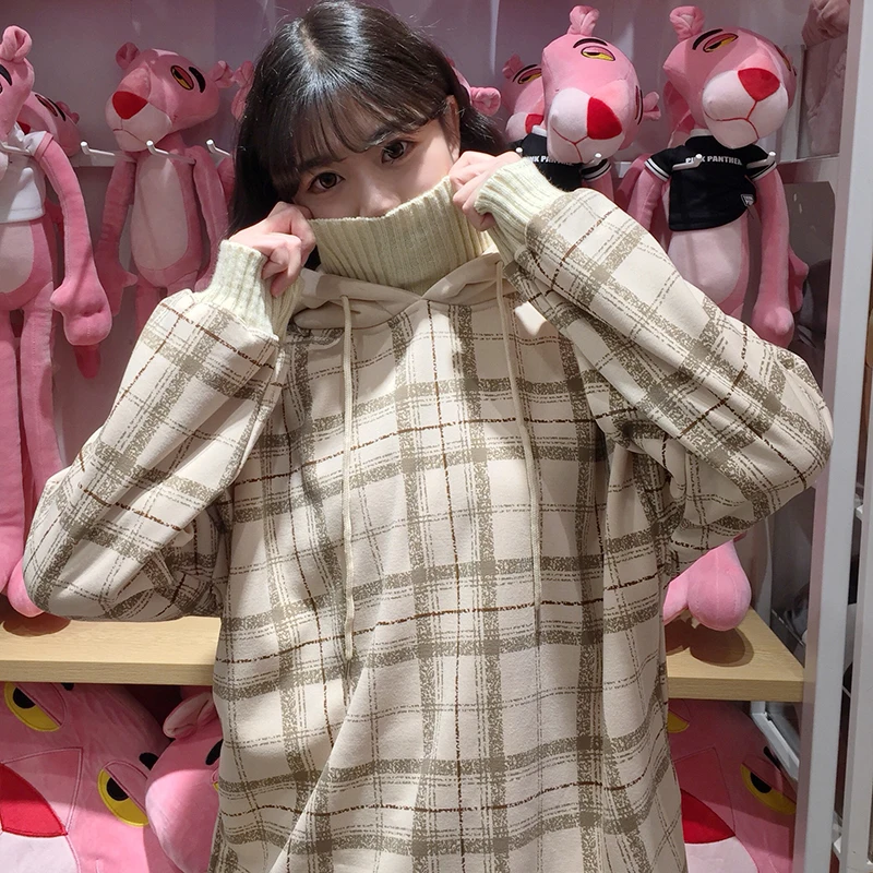 Harajuku флисовые кофты Женские клетчатые водолазки толстовки женские с длинным рукавом Повседневные Большие размеры пуловер с капюшоном одежда толстовка