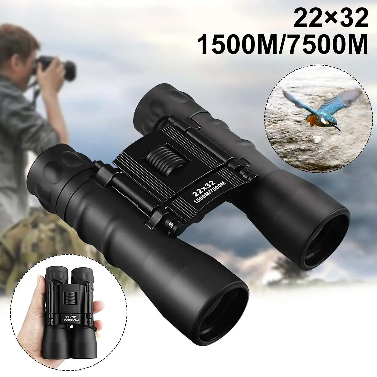 

22x32 Portable Binoculars Folding Telescope Low Light Visable Day Night Vision For Outdoor Camping Hiking Watching 1500m/7500m