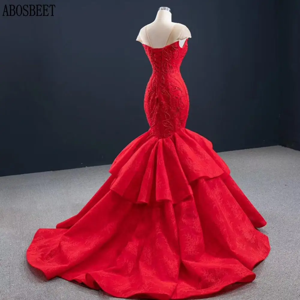 DD JYOY Elegant Lace Mermaid Evening Dress Long Red Luxury Beads Short Sleeve Evening Gown Small Train Lace Up Back Women Prom