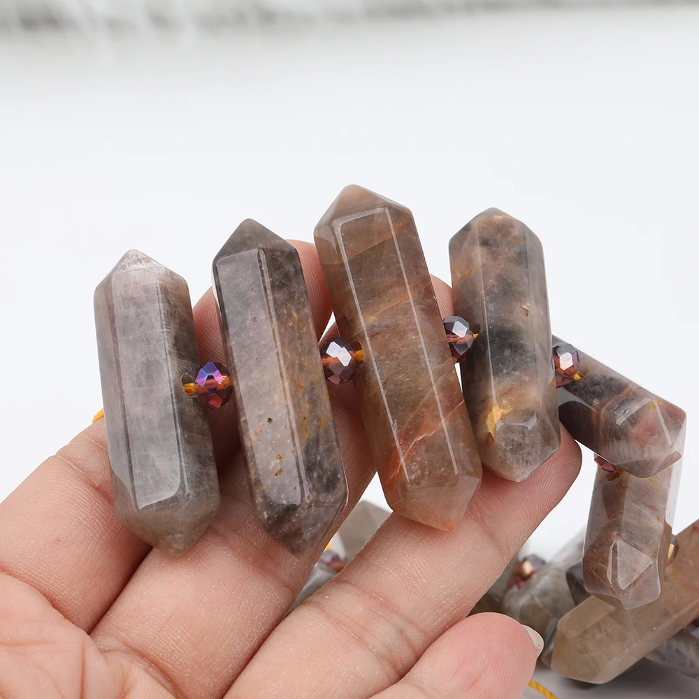 

Natural Sun Stone Stick Point Pendant Strand,Hexagon Stone Point Loose Beads Necklace Craft Women Jewelry Making DIY DG-41JBFE