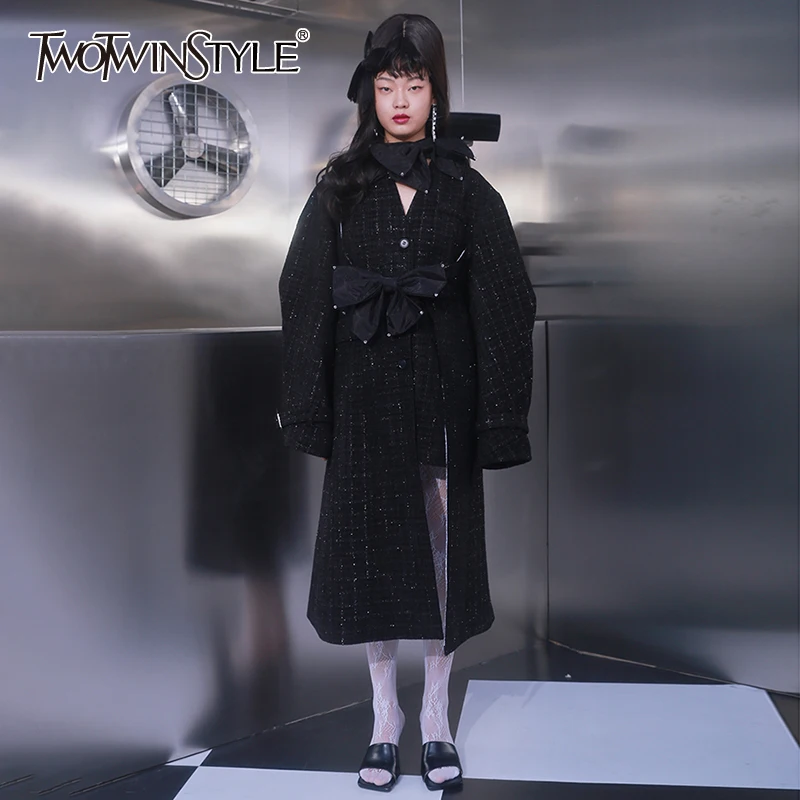 

TWOTWINSTYLE Plaid Vintage Coat For Women V Neck Long Sleeve Bowknot Asymmetrical Jackets Female Fashion Clothing 2020 Autumn