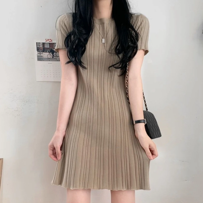 

2021 Summer Korean New Fashion Short-Sleeved Sexy Knit Dress Multicolor Ice Silk A-Line Mini Dress