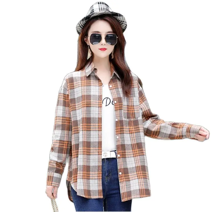 Женская хлопковая рубашка в клетку приталенная Корейском стиле с длинными