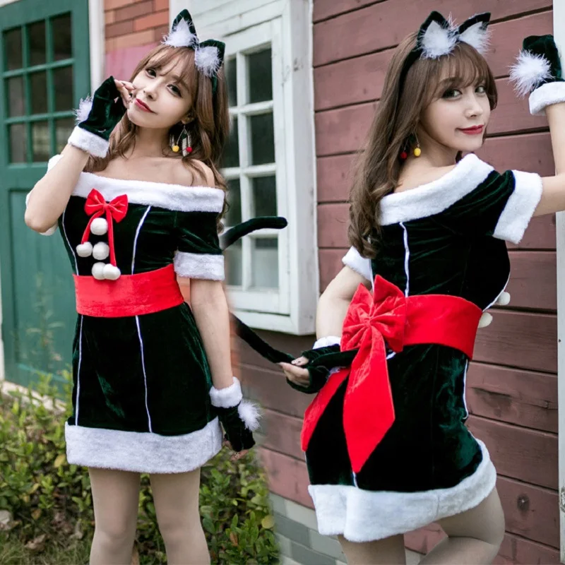 

New Women Christmas Japan Rakuten Cosplay Costume Sexy Lingerie Winter Long Sleeve Red Dress Maid Bunny Girl Holiday Uniform