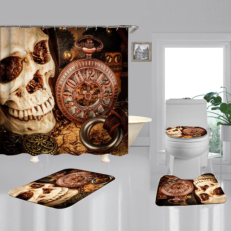 

3D Printing Horror Skeleton Curtain Set Christmas Decoration Home Holiday Non-slip Toilet Seat Cover Bath Mat Cortina De Baño