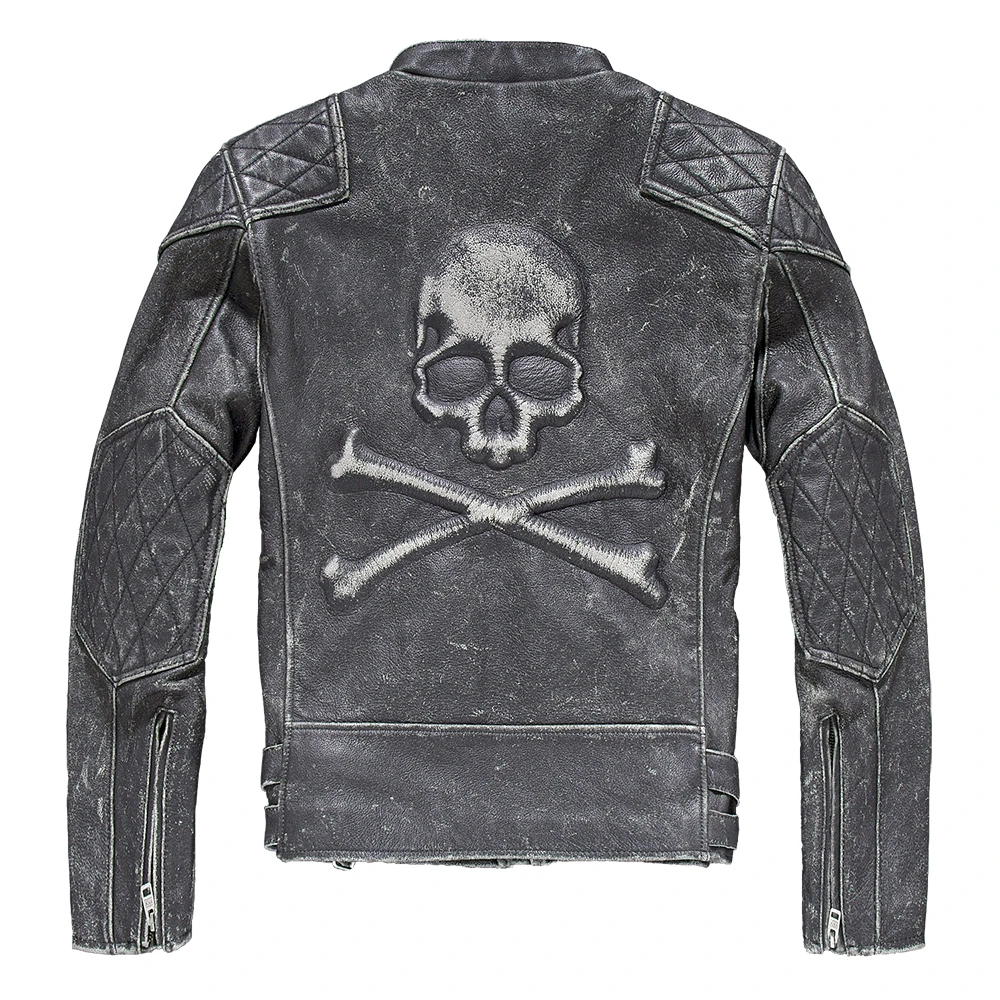 

genuine Fashion Skulls leather jacket men Vintage black motorcycle biker jacket cowskin punk slim fit real leather jacket