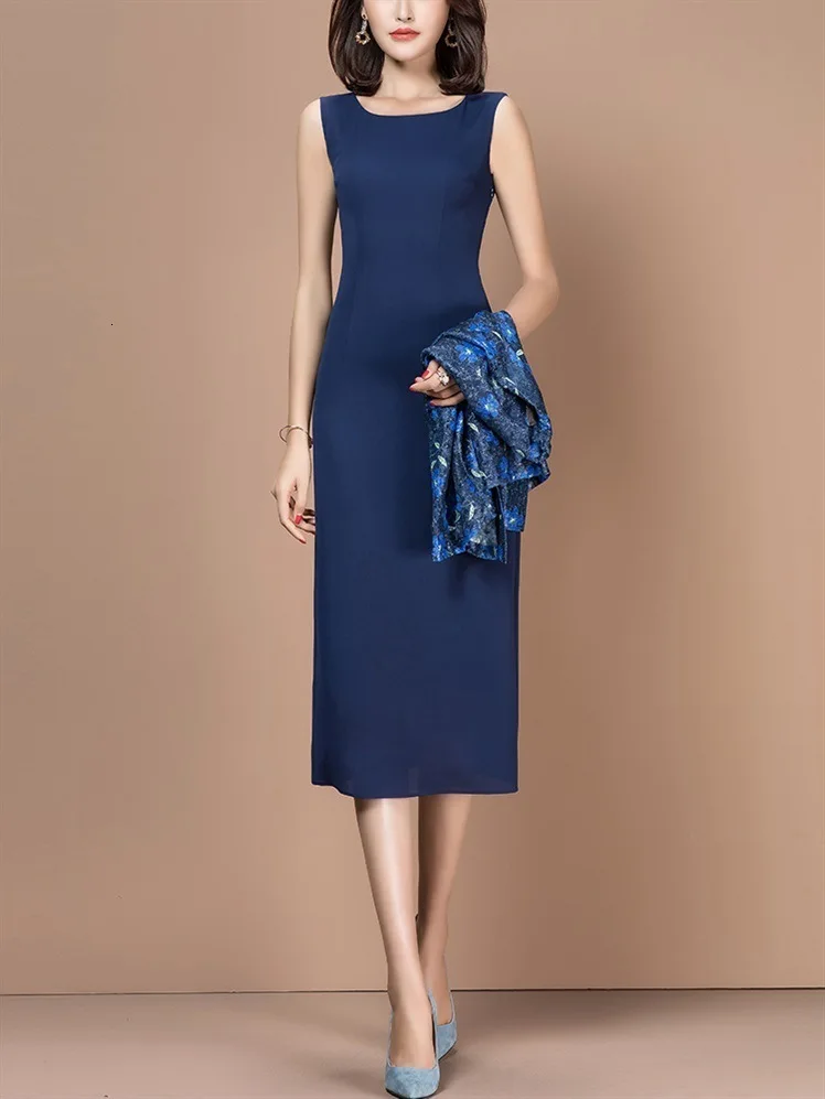 Женский офисный костюм элегантный синий пиджак с цветочным принтом и длиной до