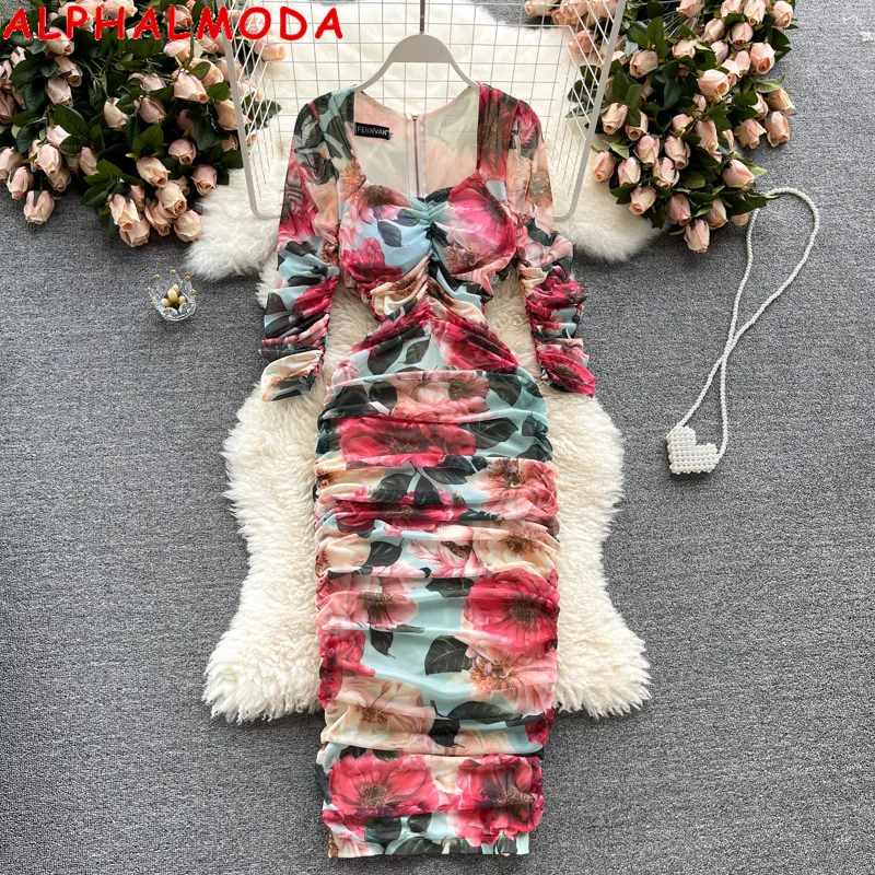 

ALPHALMODA 2021 New Summer Dress Pleated Half Sleeve Slim Elegant Printed Floral Dress Women Elegant Straight Gauze Dress