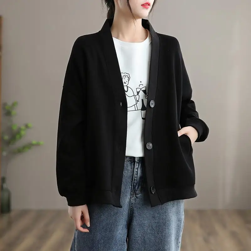 

Куртка Geskeey Повседневная однобортная, однотонная осенняя одежда с V-образным вырезом, одежда в стиле свободного мира, уличная одежда, черный ...