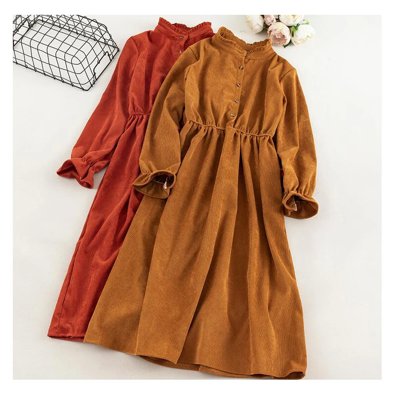 Женское вельветовое платье Элегантное миди длинное однотонное с длинным рукавом