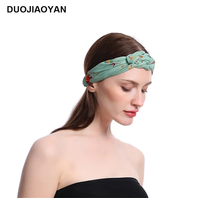 

DUOJIAOYAN New Print Knot Headband Elastic Hairband Retro Chiffon Headwear Girls Cross Hair Accessories For Women