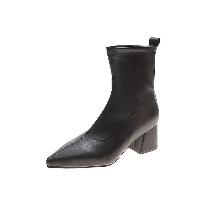 

Pointed boots women's middle heel 2020 new autumn and winter show foot small high heel Plush boots women's thick heel
