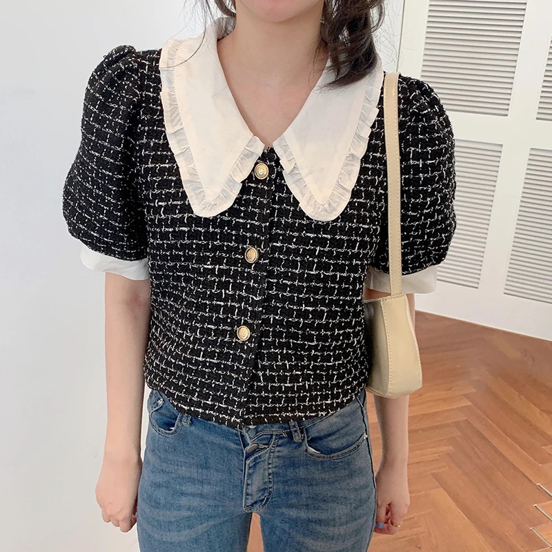 Элегантная клетчатая блузка для женщин короткий рукав укороченный топ