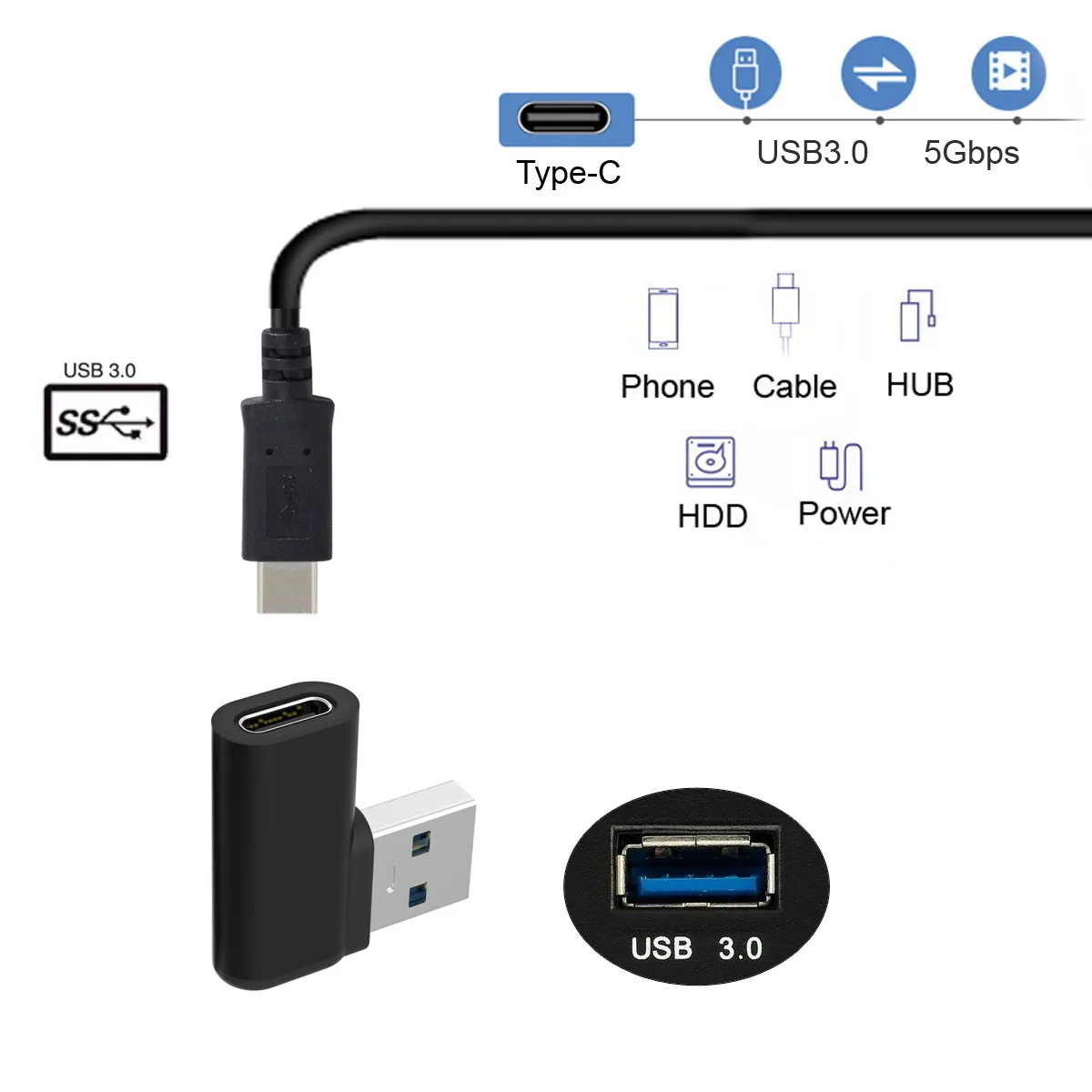 

USB 3.0 A Male Data Adapter for Laptop Desktop to USB-C Type C Female 90 Degree Left Angled