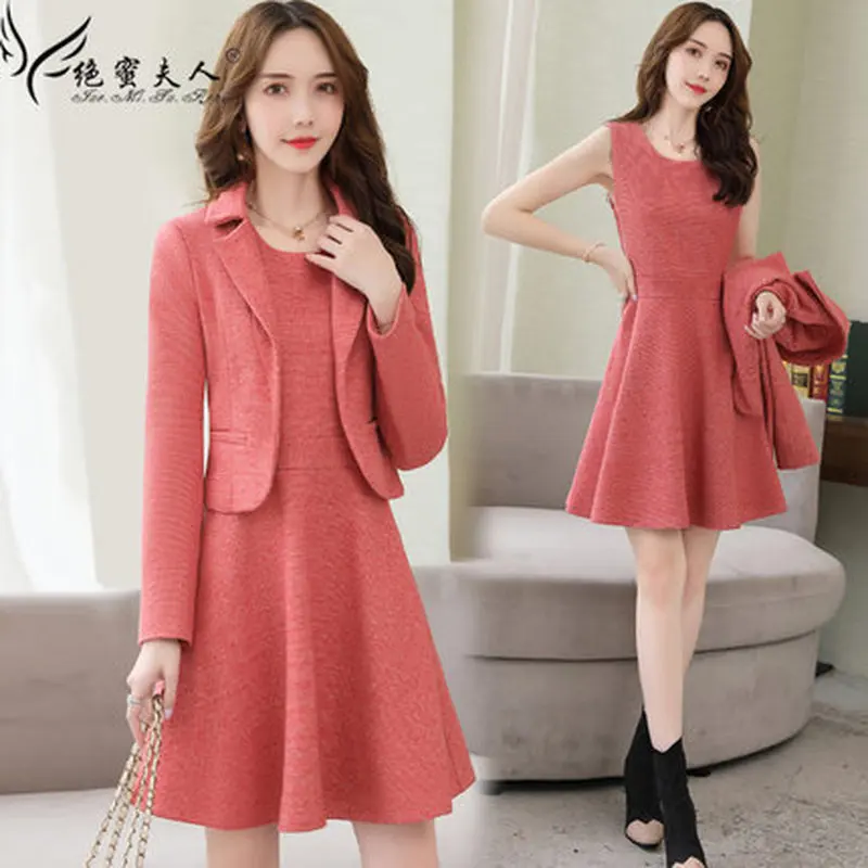 Женское модное шерстяное платье из двух предметов Осень зима 2019| |