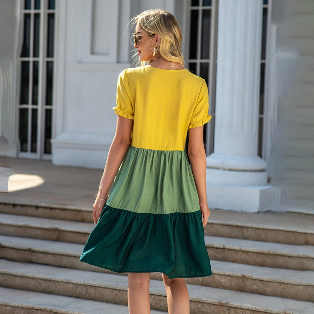 

Casual Short Sleeve Knee Dress Women Button Patchwork O neck high Waist Woman A line Dresses Elegant Vestidos 2021 Spring Summer