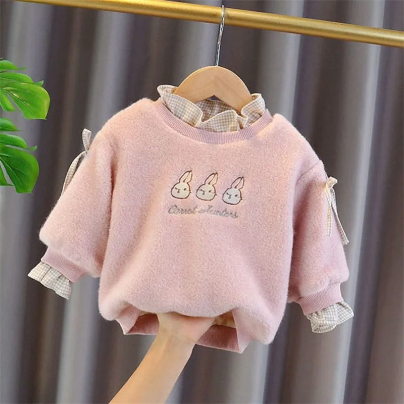 

2022 Spring Winter Girl Casual Sweater Children's Knitted Woolen Kids Cute Bunny Warm Thicken Bowknot Long Sleeve Plus Velvet