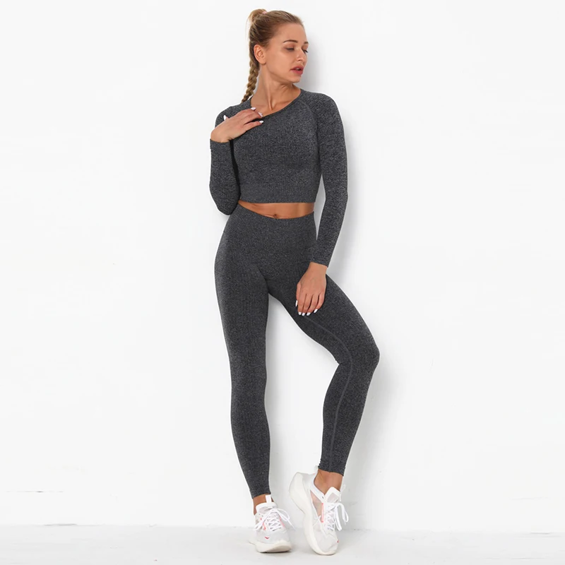 

3pcs/set 2021 New Women Threaded Suit Yoga Suit Long-sleeved Sports Tight-fitting Running Breathable Seamless Yoga Suit JSF30