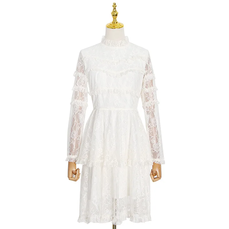 

The new summer lace embroidery stitching solid color collar temperament high waist slim short dress